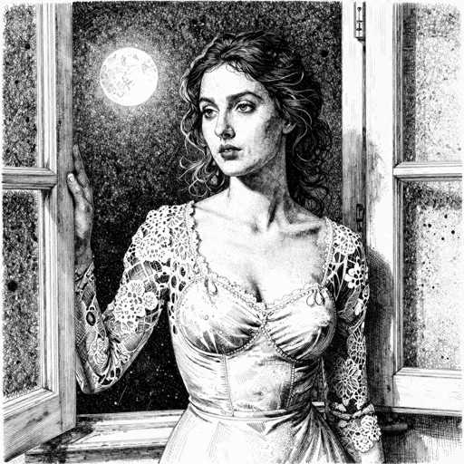 A detailed black and white drawing of a woman standing in a window, gazing out at a full moon. The woman is wearing an ornate, lace-trimmed dress and has curly hair. She's leaning against a window frame with one hand, her expression thoughtful or pensive. The background is dark and textured, suggesting a night scene. The overall style is reminiscent of a vintage engraving or etching.