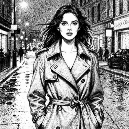 This black and white illustration, rendered in a pointillist style, depicts a young woman standing in the middle of a city street at night. She has long, dark hair that flows behind her, and she is wearing a long, light-colored trench coat with a belt tied around her waist. Her hands are tucked into the coat's pockets, and she gazes directly at the viewer with a neutral expression. The background features a wet street, illuminated by numerous streetlights, and flanked by buildings on both sides. A black car is parked on the right side of the street, and a few pedestrians can be seen walking in the distance. The overall scene is detailed and atmospheric, capturing the essence of a quiet, rainy night in the city.