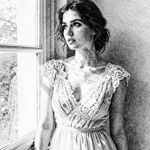 A black and white portrait of a young woman in a lace dress, looking out of a window. The image is rendered in a grainy, textured style, giving it an antique or vintage feel. She has dark curly hair and freckles on her face. The window frame is visible, and the background appears to be a textured wall. The lighting is soft and diffused, highlighting her face and dress while leaving the background somewhat shadowy.