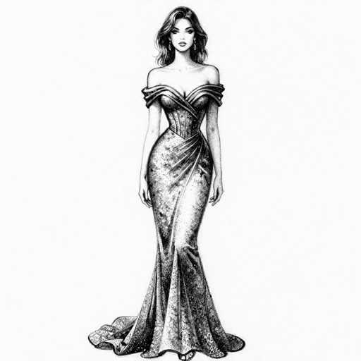 This black and white pencil drawing depicts a woman in a strapless, form-fitting dress that accentuates her figure. The dress features a sweetheart neckline and is adorned with intricate details, including a corset-like bodice and a sash that wraps around her waist and extends to the back. The fabric appears to have a speckled or dotted pattern, adding texture to the image. The woman has long, wavy hair that cascades down to her shoulders, and she wears small hoop earrings. Her expression is serious, and she gazes directly at the viewer. The drawing captures her from head to toe, with her feet slightly visible at the bottom. The background is a light gray, providing contrast to the detailed rendering of the woman and her attire.