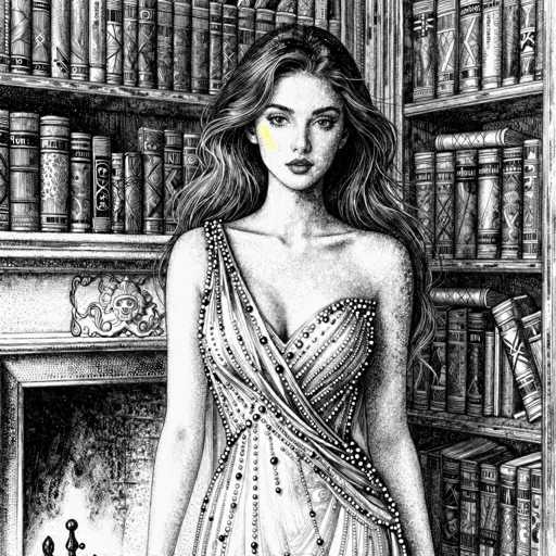 A detailed, intricate black and white illustration of a woman standing in front of a large, ornate bookshelf. The woman has long, flowing hair and is wearing an elaborate dress adorned with intricate patterns and embellishments. She looks directly at the viewer with a serene expression. The bookshelf is filled with numerous books, and there's a fireplace with a flickering flame in the background. The overall style is reminiscent of a detailed sketch or engraving, emphasizing texture and depth.