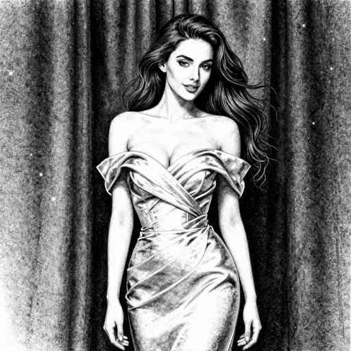 This black and white illustration features a woman with long, wavy hair cascading down her back. She is adorned in a strapless dress that elegantly wraps around her chest and waist, accentuating her figure. The woman stands with her arms relaxed at her sides, her head slightly tilted to the right, and her gaze directed towards the viewer. The background is a textured gray, resembling a curtain, with subtle white specks scattered throughout, adding depth and contrast to the composition.