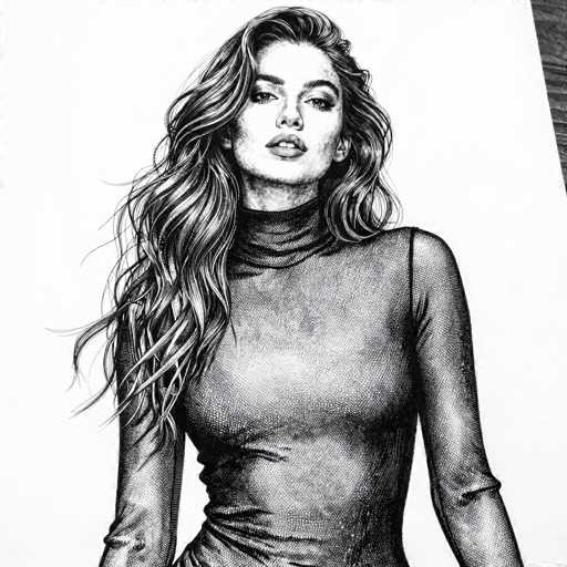 This black and white drawing features a woman with long, wavy hair that cascades down to her waist. She is depicted wearing a turtleneck sweater with a unique design: the right sleeve is long, while the left sleeve is short and cut off at the elbow. The woman's face is adorned with makeup, including lipstick and eye shadow, and she gazes directly at the viewer with a serious expression. The background is stark white, emphasizing the contrast and details of her figure.