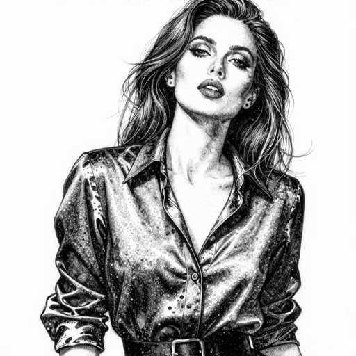 A detailed black and white pencil drawing of a woman in a shiny, patterned shirt. The woman has long, wavy hair and is looking directly at the viewer with a slightly seductive expression. She's wearing a belt and her shirt is buttoned up to the neck. The drawing has a realistic, detailed style with visible shading and highlights to create depth and texture.