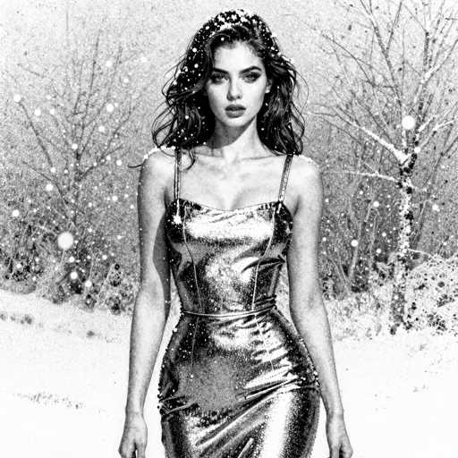 A striking black and white photograph captures a young woman, likely in her early 20s, standing outdoors in a snowy landscape. She has long, dark hair cascading down to her shoulders, with delicate snowflakes adorning her locks. Her expressive eyes are accentuated by dark eyeshadow, and her full lips are slightly parted, revealing a hint of her teeth. She is dressed in a form-fitting, sleeveless dress that appears to be made of a shimmery material, possibly leather or vinyl, with thin straps and a belt cinched at her waist. The dress clings to her figure, highlighting her slender arms and chest. Her hands rest naturally at her sides, and she gazes directly at the camera with a composed expression. The background features barren trees, their branches stark against the wintry sky, and the ground is blanketed in snow. Snowflakes are gently falling around her, adding to the serene and cold atmosphere of the scene.