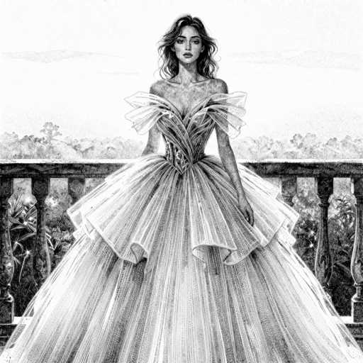 This black and white illustration, reminiscent of a Victorian-era painting, features a young woman in her early 20s standing on a balcony. She is adorned in an elaborate, off-the-shoulder gown with intricate lace details and a voluminous skirt that flares out dramatically, evoking the grandeur of a ballroom dress. The gown is accentuated by a corset-like bodice and a bow at the waist, with delicate ruffles extending from the shoulders. Her long, wavy hair cascades down to her shoulders, framing her face, which bears a neutral expression. The balcony, constructed of stone with ornate columns, overlooks a lush garden filled with trees and bushes. The background is a stark white, emphasizing the detailed black and gray tones of the woman and her attire.