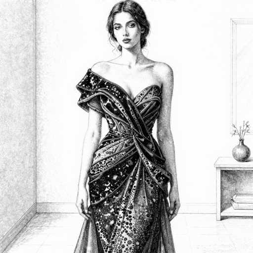 This detailed black and white pencil drawing depicts a woman standing in a room with a tiled floor and a white wall. She is wearing an elaborate, off-the-shoulder dress that features intricate patterns resembling a galaxy, with black and white dots and swirls. The dress is form-fitting and extends to her ankles, with a distinctive sash that ties around her waist and drapes over her left shoulder. The woman has dark hair, styled with a middle part and pulled back into a bun, with a few loose strands framing her face. She has full lips and is looking slightly to the left. Behind her, there is a small table with a vase containing a plant and a stack of books on a shelf. The room's corner is visible to the left, adding depth to the composition.