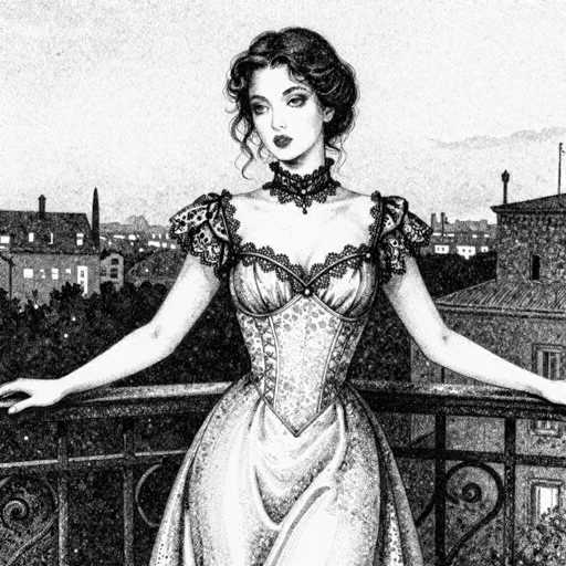 This black and white illustration, reminiscent of a Victorian-era postcard, features a young woman standing on a balcony. She is adorned in a detailed corset dress with intricate lace and floral patterns, complete with puffy sleeves and a high lace collar. Her dark hair is styled in an elegant updo with curls framing her face, and she wears heavy makeup, including dark lipstick and eye shadow. The woman's arms are outstretched, resting on the balcony railing, as she gazes off to the left. The background reveals a cityscape with numerous buildings, some with chimneys, and a few trees, all under a gray sky. The overall composition, with its intricate details and shading, evokes a sense of nostalgia and historical charm.