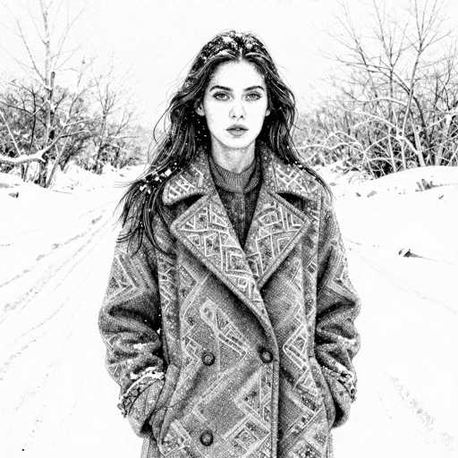 This black and white illustration depicts a young woman standing in a snowy, wintry landscape. She is wearing a large, patterned coat with wide lapels and buttons, which appears to be made of wool. Her long, dark hair is slightly tousled, with snowflakes scattered across it and her face. The woman's expression is neutral, with her mouth slightly open, and she gazes directly at the viewer. Her hands are tucked into the pockets of her coat. The background features a road or path lined with bare trees, all covered in snow, and the sky is a light gray, adding to the overall cold and serene atmosphere of the scene.