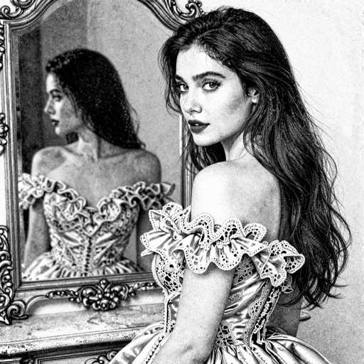 This black and white pencil drawing depicts a young woman, likely in her late teens or early twenties, seated in front of an ornate mirror. The woman, who appears to be of Caucasian descent, has long, dark hair cascading down her back. She is wearing a dress reminiscent of a ball gown, adorned with intricate lace details and ruffles around the shoulders. The dress features a corset-like bodice, and the skirt is voluminous, though the drawing cuts off just below her waist, obscuring the full length of the gown. The woman's pose is intriguing; she is seated with her body facing the mirror, but her head is turned over her right shoulder, gazing directly at the viewer. The mirror, which has a highly detailed and ornate frame, reflects her profile, adding depth to the composition. The overall scene is rendered in shades of gray, emphasizing the textures and shadows of the drawing.