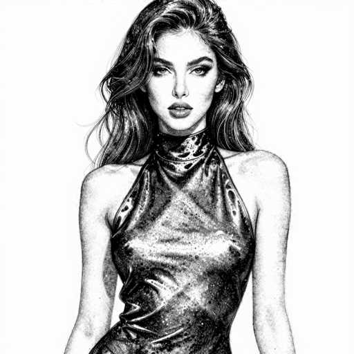 This black and white pencil drawing depicts a young woman, likely in her late teens or early twenties, with long, wavy hair cascading down to her shoulders. She has a slender build and is wearing a sleeveless, high-necked dress that appears to be made of a shiny, possibly sequined material. The dress, which is cut off at the waist in the drawing, features a single shoulder strap on her left side and a double strap on her right. Her arms hang straight down by her sides, and she has a neutral expression with her mouth slightly open, revealing her top teeth. The background is stark white, emphasizing the detailed shading and texture of her hair and dress.
