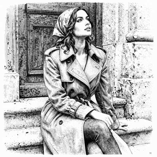 A detailed black and white pencil drawing of a woman sitting on a stone staircase, wearing a trench coat and a patterned headscarf. The drawing is highly detailed with intricate shading to create texture in the coat, scarf, and stone steps. The woman is looking upwards with a serene expression. The overall style is reminiscent of a vintage fashion illustration, emphasizing the texture and form of the clothing.