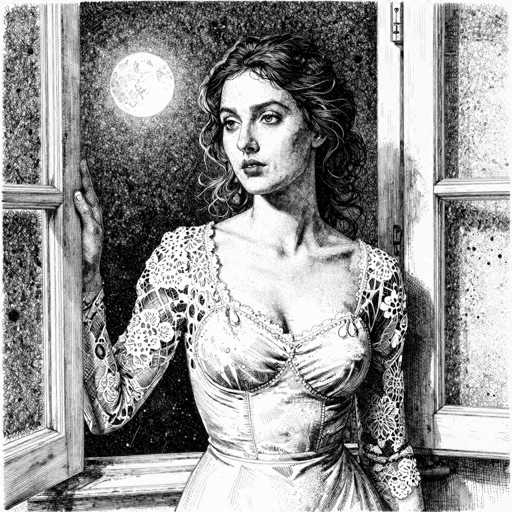 This black and white illustration, reminiscent of a vintage book or magazine, features a young woman with long, wavy hair cascading down to her shoulders. She stands in front of an open window, framed by a white wooden border, with her right hand resting on the window sill. The scene outside the window reveals a starry night sky with a prominent full moon, casting a soft glow. The woman is dressed in a lacy, long-sleeved nightgown with a corset-like bodice, her bare shoulders and chest visible. Her gaze is directed slightly to the left, adding a contemplative mood to the image. The detailed pencil work captures the intricate textures of her dress and the serene night outside.