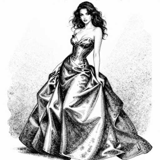 A black and white sketch of a woman in an elaborate, voluminous ballgown. The gown features a fitted, ornate bodice with a corset-like design and a full, flowing skirt. The woman has long, wavy hair and is looking over her shoulder with a slightly seductive expression. She's holding the skirt of the gown in one hand, showcasing its dramatic volume. The style is reminiscent of a fashion illustration or a detailed sketch with soft shading to create depth and texture.