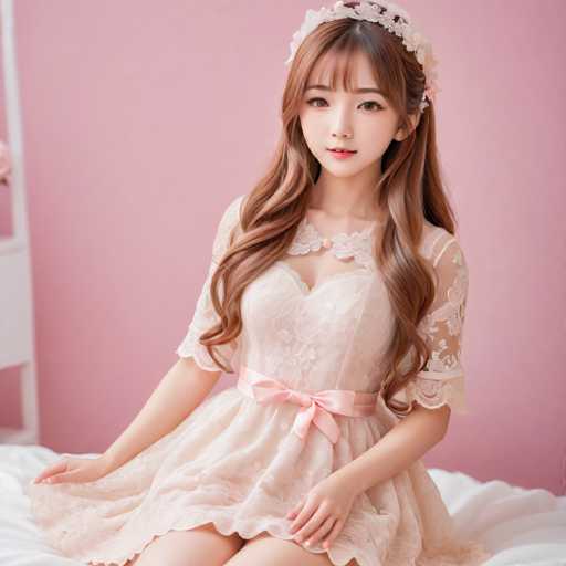 A young woman with long brown hair is sitting on a bed wearing a white lace dress and a pink headband.