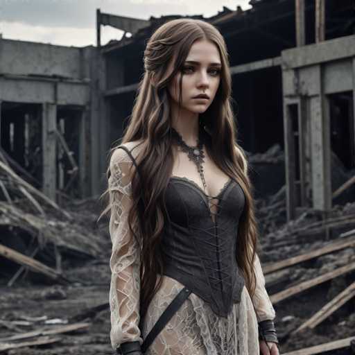 A young woman with long brown hair is standing in front of a dilapidated building that appears to be made of wood and metal. She is wearing a black corset and a white lace dress, which contrasts with the surrounding environment. The woman's gaze is directed off to the side, and she has dark makeup on her face.