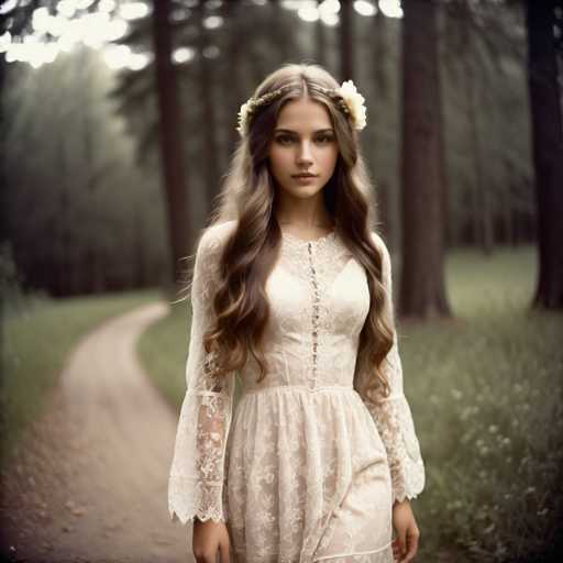 A young woman with long brown hair is walking down a dirt path surrounded by tall trees and greenery. She is wearing a white lace dress that falls just below her knees, and she has a flower in her hair.
