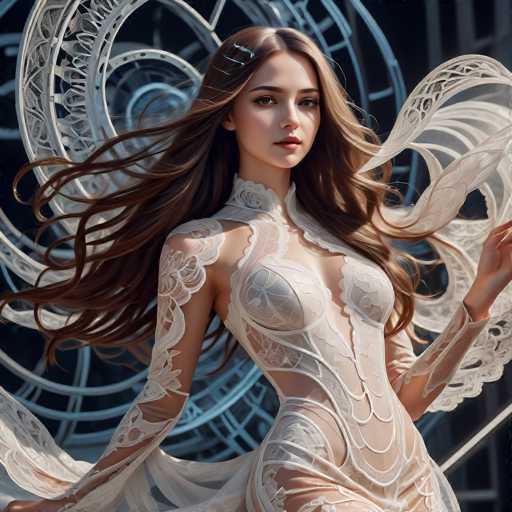 A woman with long brown hair is the central figure in this image. She is wearing a white dress that features lace detailing and has her arms outstretched as she stands against a black background adorned with intricate designs. The woman's gaze is directed straight at the camera, creating an engaging visual connection between herself and the viewer.