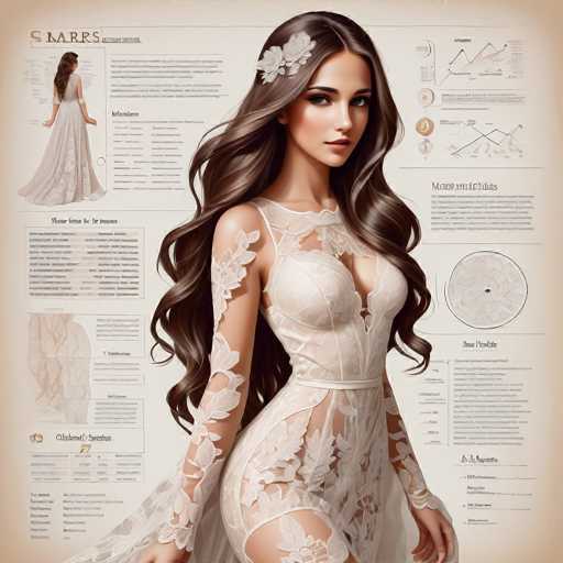 The image shows a woman with long brown hair wearing a white lace dress and a flower in her hair. The background is a light beige color that contrasts with the dark blue text on it. The text includes information about the bride's dress, such as its style and material, as well as details about the wedding ceremony, including the location of the event and the names of the guests.
The woman appears to be posing for the photo in front of a white wall adorned with black text.