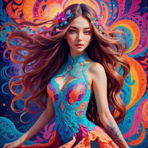 A young woman with long brown hair is the central figure in this digital illustration. She is wearing a blue dress adorned with orange and pink flowers on her head. The background features a vibrant display of colors and patterns that blend together to create an abstract design.