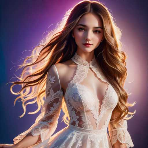 A young woman with long brown hair is the central figure in this image. She is wearing a white dress that features lace detailing and has a high neckline. The background of the image is a gradient of purple and blue colors, which creates a visually striking contrast against her blonde hair.