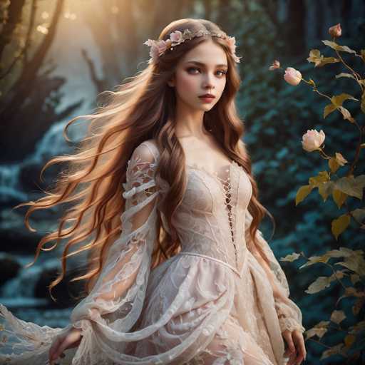 A young woman with long brown hair is the central figure in this image. She is wearing a white dress that flows down to her feet and has a flower crown on her head. The background features trees and bushes, creating an impression of being in a forest or natural setting.