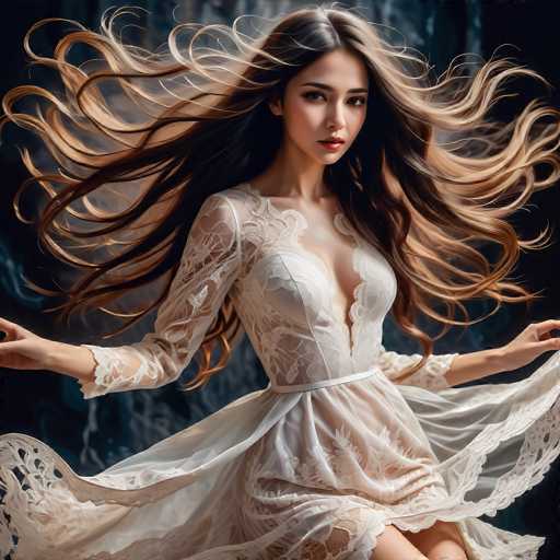 A woman with long brown hair is captured mid-motion, wearing a white lace dress that flows behind her as she moves. The background features a dark blue color and a blurred image of trees in the distance.