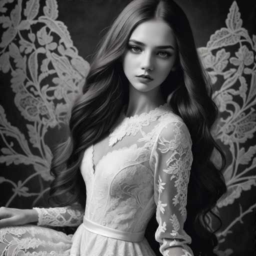 A woman with long brown hair is seated on a chair against a black and white floral backdrop. She is wearing a white dress with lace sleeves and a corset, which accentuates her figure. The background features a large floral pattern in shades of blue and green.