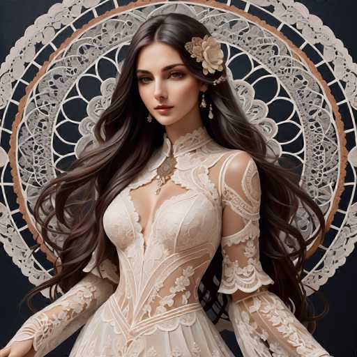 A woman with long brown hair is the central figure in this image. She is wearing a white dress that features lace detailing and has a flower adorning her hair. The background of the image is black, which contrasts with the white elements on the woman's dress and highlights her presence.