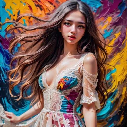 A young woman with long brown hair is the central figure in this image. She is wearing a white dress adorned with colorful patterns and has her arms outstretched as she stands against a vibrant backdrop of abstract art. The colors used in the background are a mix of blue, orange, yellow, pink, green, and purple, creating an energetic and dynamic atmosphere around the woman.
The woman's pose suggests that she is posing for the photo, with her body language indicating confidence and grace.