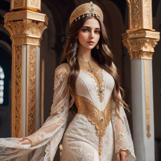 A young woman stands in front of a golden archway adorned with intricate designs and gold accents. She wears a white dress with gold embroidery on the bodice and sleeves, and a crown on her head. The image is taken from a low angle, emphasizing the grandeur of the scene.