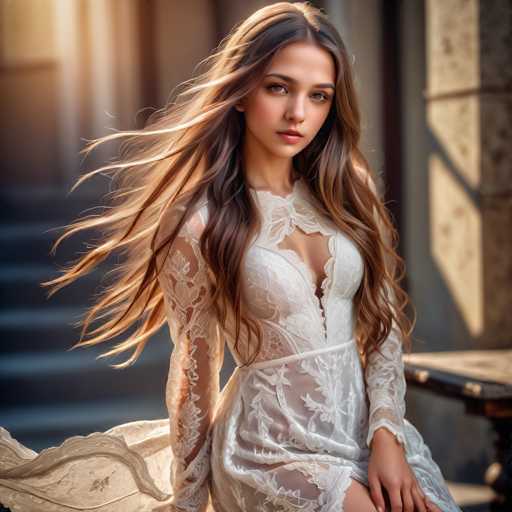 A young woman with long brown hair is captured in a moment of quiet contemplation on a stone bench. She is dressed in a white lace dress that falls just below her knees and has her hands resting gently on the backrest of the bench. The setting appears to be an outdoor area, possibly a park or garden, as suggested by the presence of trees visible in the background.