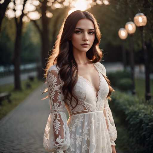 A woman with long brown hair is standing on a brick path in a park at sunset. She is wearing a white dress that has lace sleeves and a deep V-neckline. The setting sun casts a warm glow over the scene, highlighting the woman's features as she gazes directly into the camera.