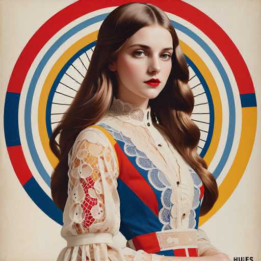 The image features a woman with long brown hair wearing a white dress adorned with lace sleeves and a red collar. The background is a vibrant display of circles in various colors including blue, yellow, pink, green, and orange arranged in a circular pattern.