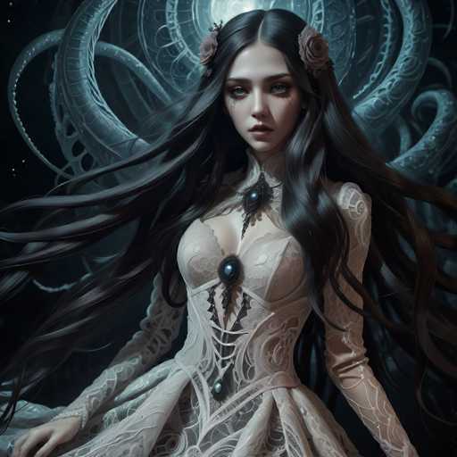 A woman with long dark hair wearing a white dress adorned with black lace and pearls stands against a backdrop of blue and purple tentacles.