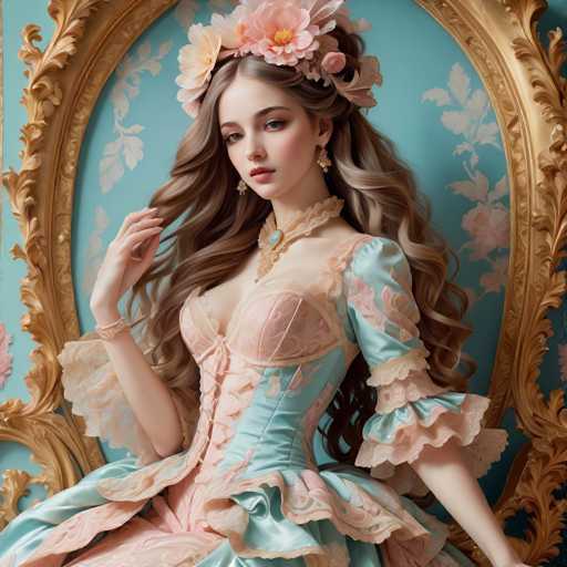 A young woman with long brown hair is seated on a gold chair against a blue wall adorned with white floral patterns. She wears a pink and green dress with a lace bodice and skirt, and a flower crown on her head.