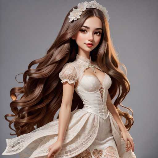 A woman with long brown hair is standing against a gray background wearing a white dress and a flower crown on her head.