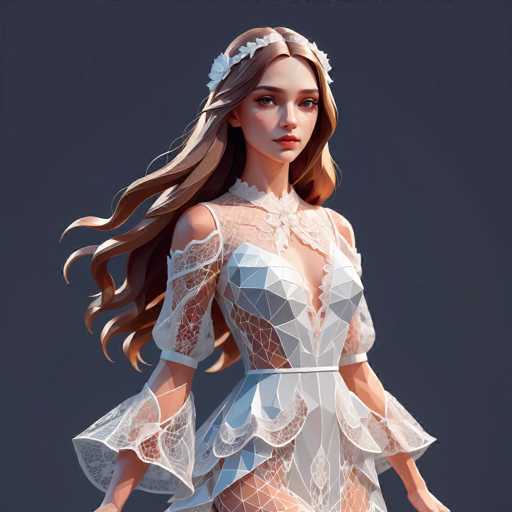 A woman with long brown hair is standing against a dark blue background wearing a white dress with lace sleeves and a corseted bodice. She has her arms outstretched and her head tilted to the side in a pose that suggests she might be dancing or celebrating.