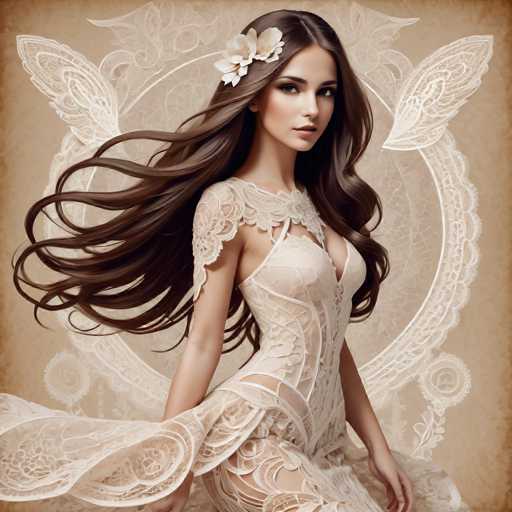 The image shows a woman with long brown hair wearing an elegant white dress and a flower in her hair. The background is a light beige color with a floral pattern.