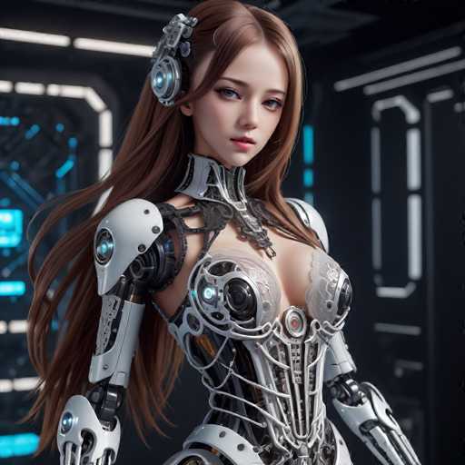 A 3D rendering of a woman with long brown hair and a white bodysuit featuring intricate silver designs on the chest and arms. The woman is wearing headphones and has a serious expression on her face.
