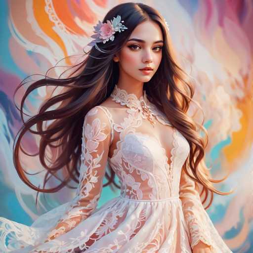 The image shows a woman with long brown hair wearing a white dress and a flower in her hair. The background is a colorful abstract pattern that appears to be made of lines and shapes in various colors such as pink, orange, yellow, green, blue, and purple.