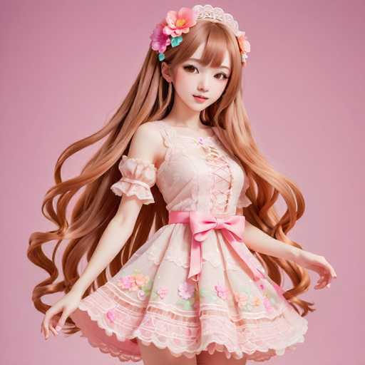 A young girl with long brown hair is standing against a pink background and wearing a white dress adorned with pink flowers on the bodice and lace skirt. She has her arms outstretched to the sides in a welcoming gesture.