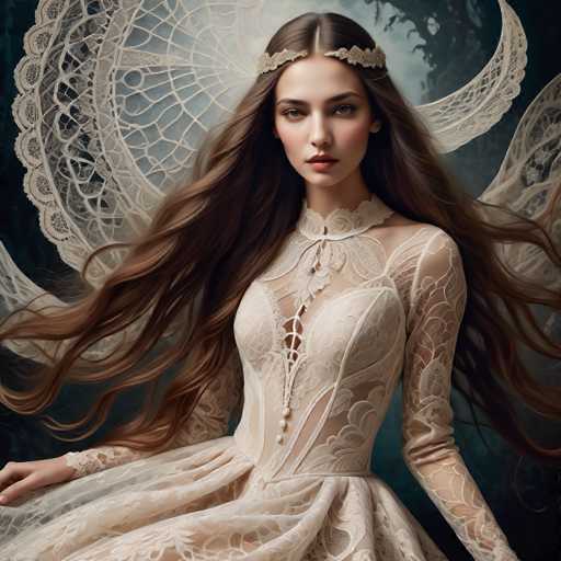 A young woman with long brown hair is the central figure in this image. She is wearing a white lace dress that falls elegantly around her body and features a corset-like design on the front. The woman's face is turned towards the camera, creating an engaging portrait. The background of the image is dark blue, providing a stark contrast to the white elements of the woman's attire.