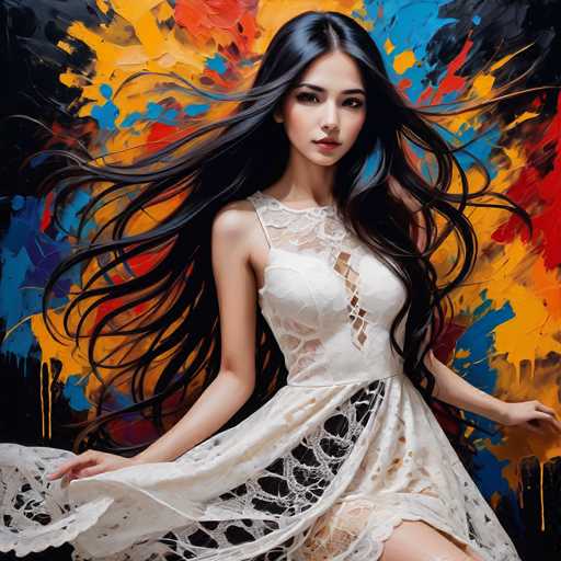 The image depicts a woman with long dark hair wearing a white dress and holding her hand out to the side. The background is a vibrant mix of colors including red, blue, yellow, and black, creating an abstract painting-like effect that surrounds the woman's figure.