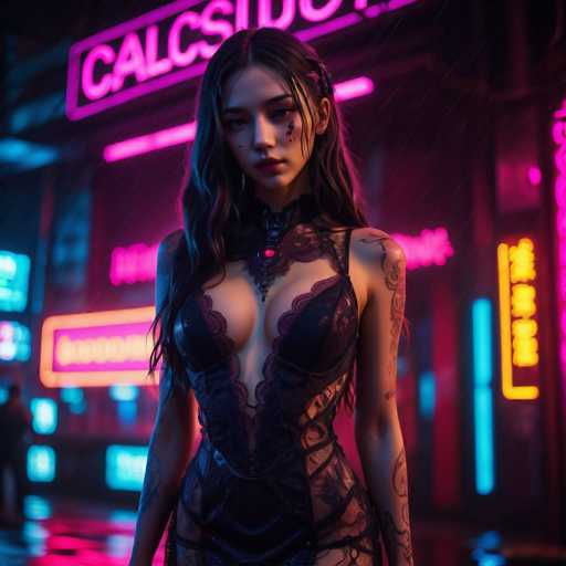 The image shows a young woman standing in front of a neon sign that reads "CALLSIDE". She is wearing a black dress with lace detailing and has tattoos on her arms. The background features a dark purple color scheme with neon lights illuminating the scene.