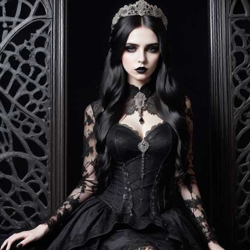 A woman is seated against a black background with her hands resting on her lap and wearing a long, flowing dress made of black lace that reaches down to her knees. She is also wearing a tiara adorned with a large crystal at the top. The image does not contain any discernible text or other objects, and there are no actions taking place.