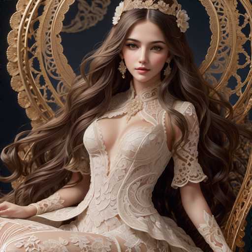 A beautiful young woman with long brown hair is seated on a golden chair adorned with intricate gold designs and a large flower at the top of her head. She is wearing an elegant white dress that features lace detailing and a corset-like bodice. The woman's face is lit up with a radiant smile, and she has a pair of earrings in her ears.