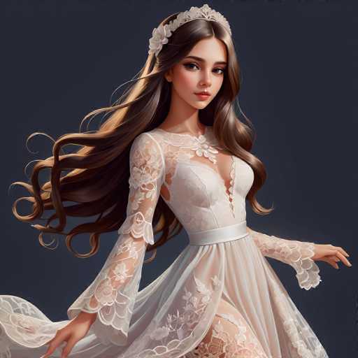 A woman with long brown hair is the central figure in a digital illustration set against a dark blue background. She is wearing a white dress adorned with lace and a crown on her head. The image does not contain any text or other discernible objects.