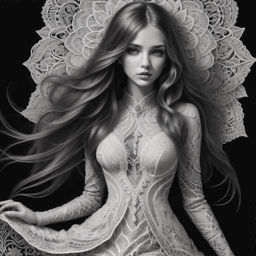 A woman with long brown hair is the central figure in this black and white image. She is wearing a dress that features intricate lace detailing on the bodice and skirt. The background of the image is a stark contrast to her attire - it's a solid black color.