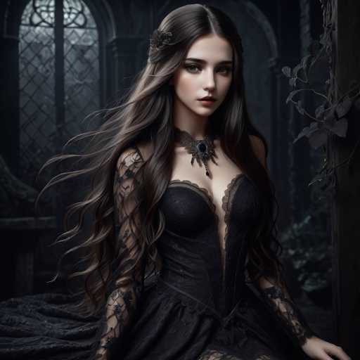 A young woman with long brown hair is the central figure in a dark and mysterious setting. She is wearing a black lace dress that falls to her knees, and she has a large necklace around her neck. The background features an old building with arched windows and a stone wall, adding to the atmosphere of the scene.